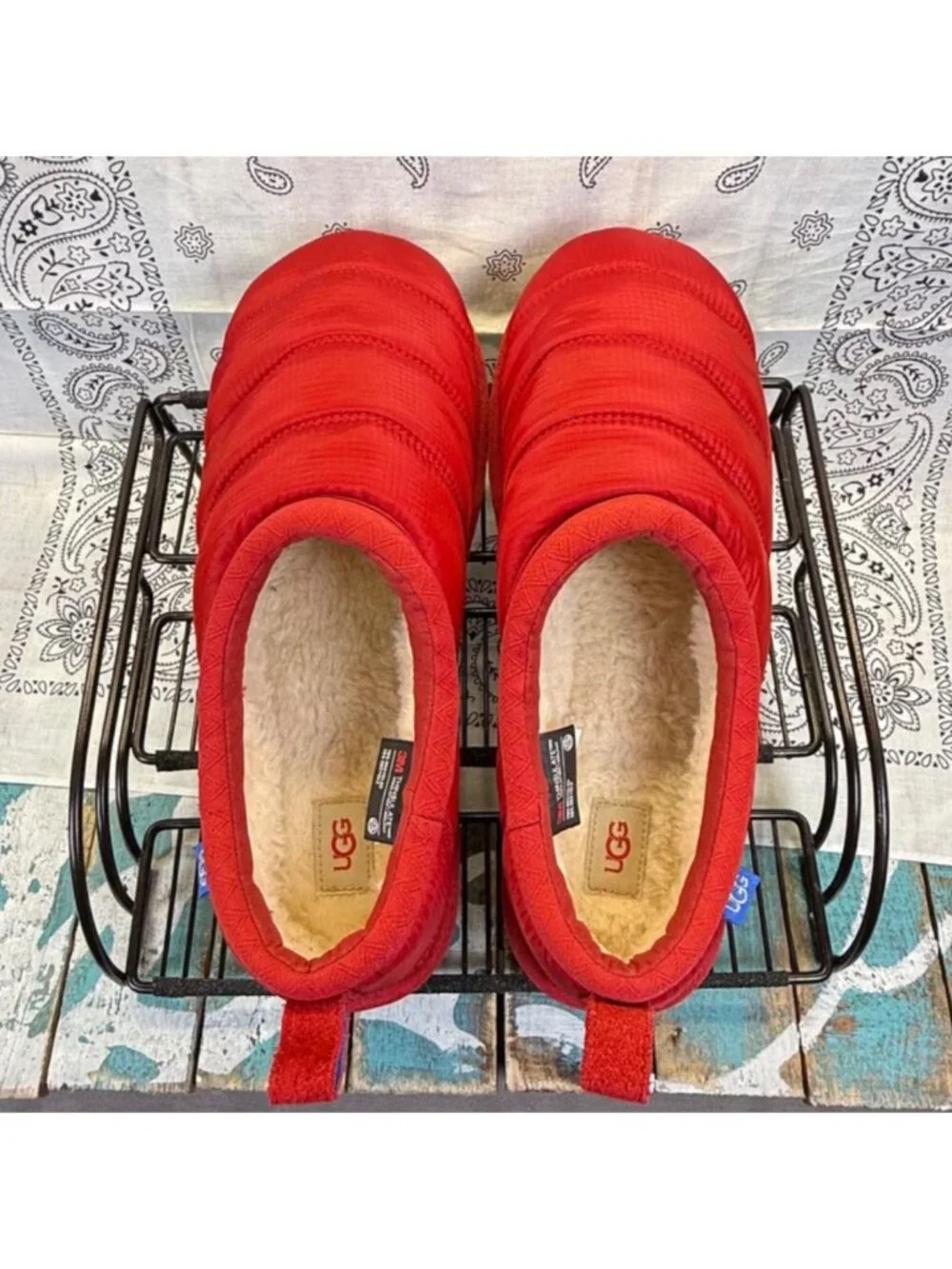 UGG Tasman LTA Red Nylon/Shearling 3M Thinsulate Slip On Slippers Mens 9 Worn 1X